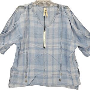 Liverpool Blue Classic Plaid Cold Shoulder 3/4 Sleeve V-Neck Womens Shirt Size M